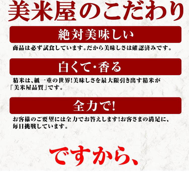 あだちねっと美米屋のこだわりは、必ず試食しているから絶対美味しい! 白くて香りがいいのが美米屋品質 お客様には全力でおこたします。